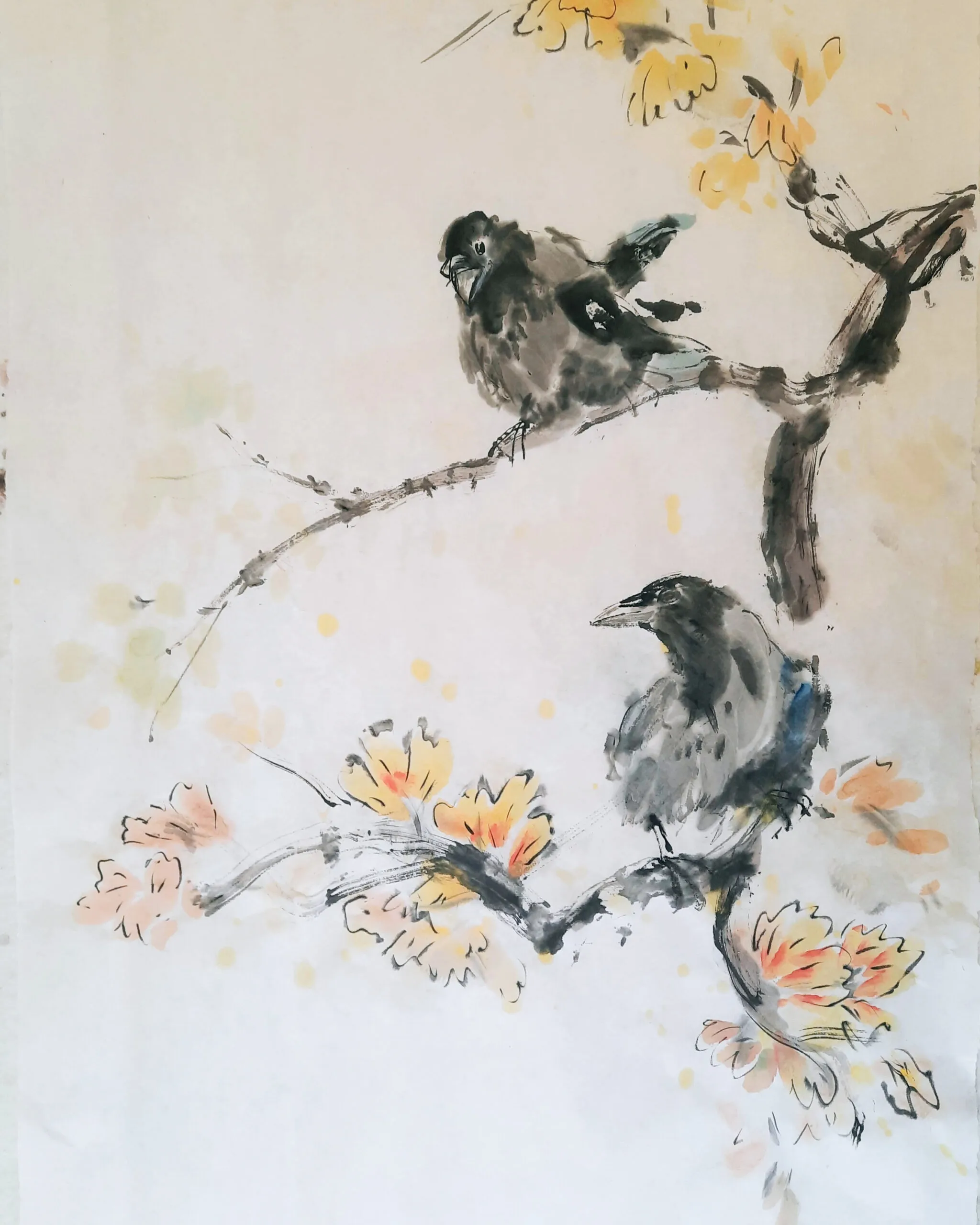 Krähen auf Ginkgobaum 1 — Tusche auf Papier · 2023
