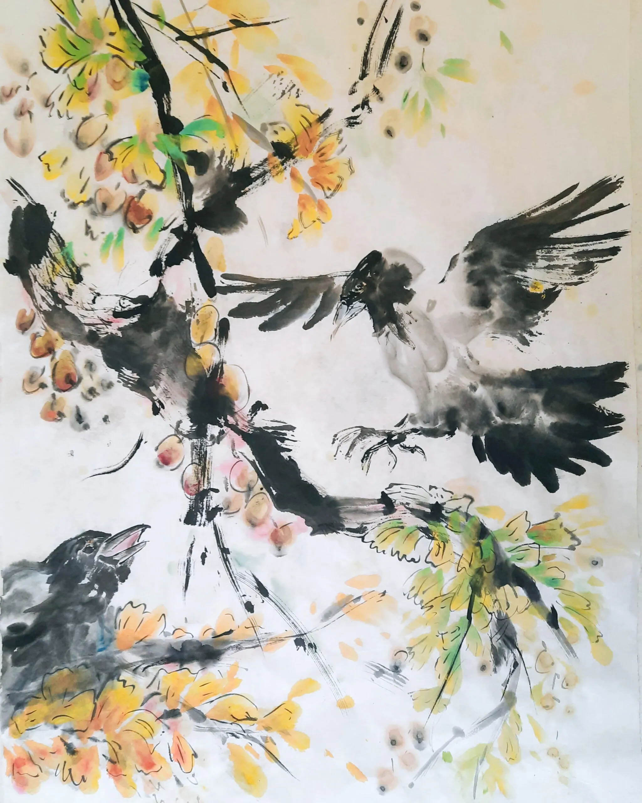 Krähen auf Ginkgobaum 2 — Tusche auf Papier · 2023